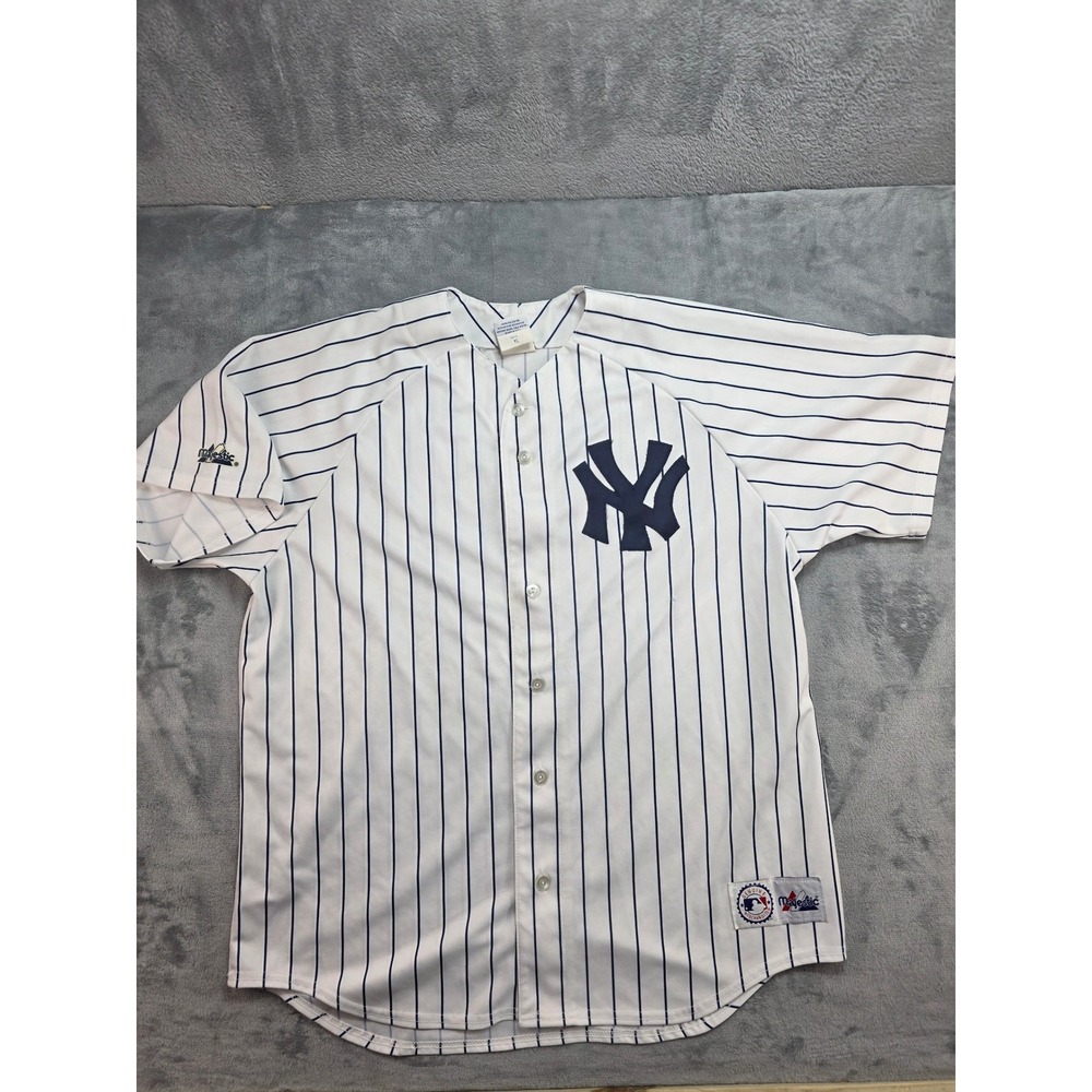 Majestic New York Yankees Jersey Mens XL White Navy Pinstripe MLB Baseball 6400